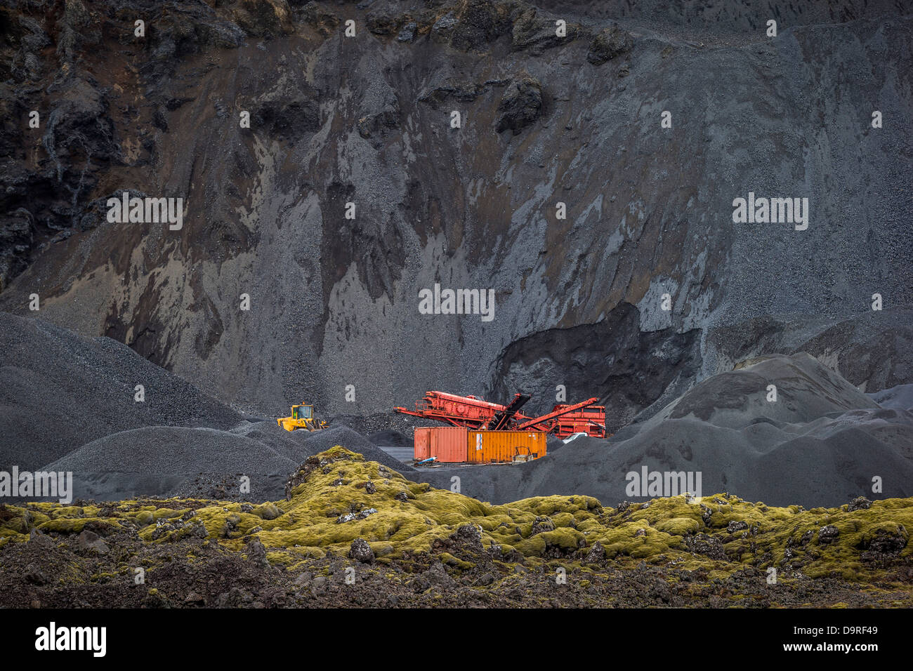 Mining by lava fields, South Coast, Iceland Stock Photo