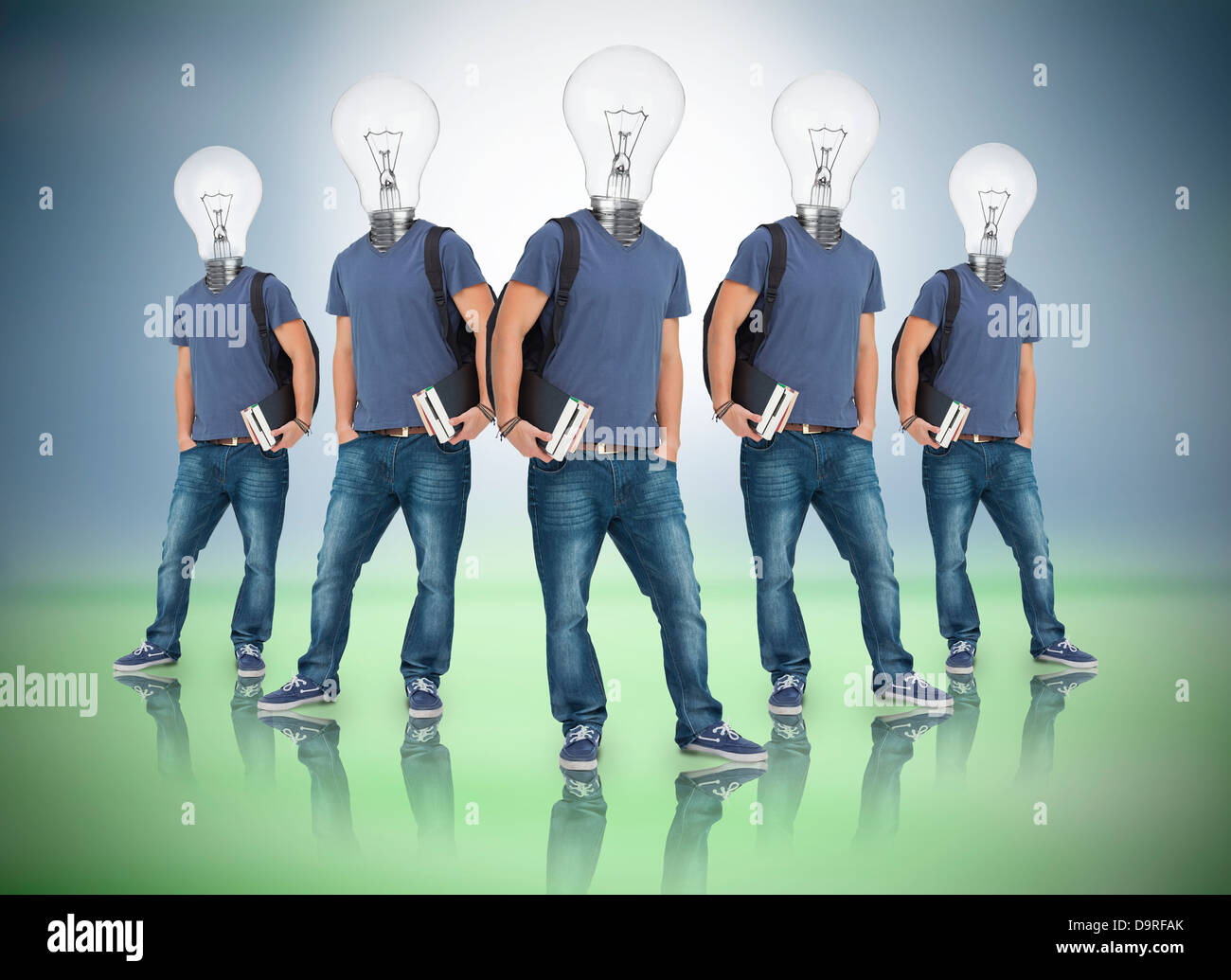 Multiple image of student with light bulb head Stock Photo