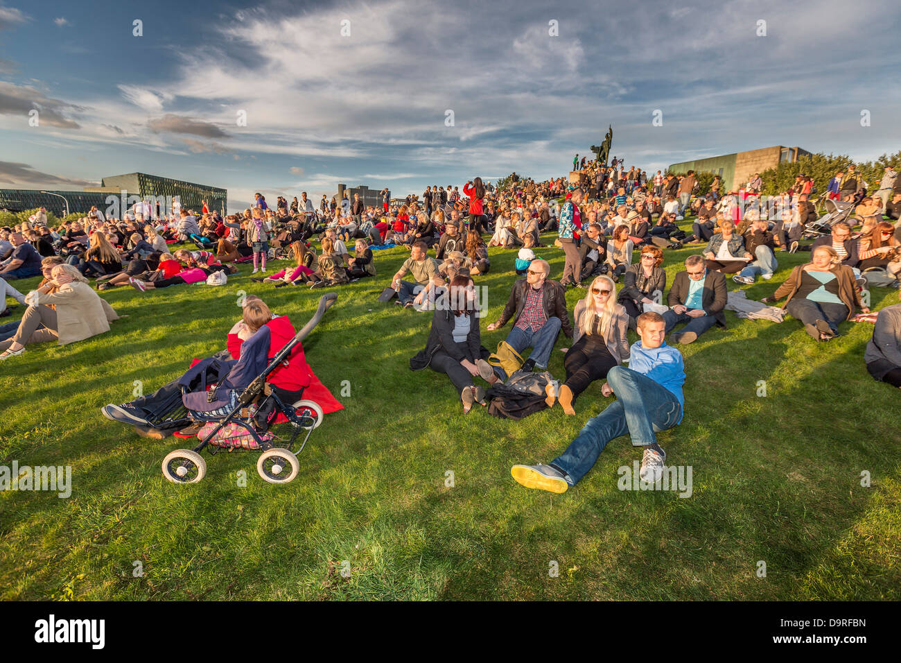 People watching an outdoor concert during the Cultural Festival, (Menningarnott) Reykjavik, Iceland Stock Photo
