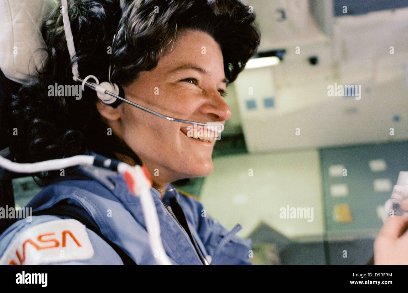Sally Ride sits in the aft flight deck of the space shuttle Challenger, Mission STS-7 on her June 18, 1983 mission Stock Photo