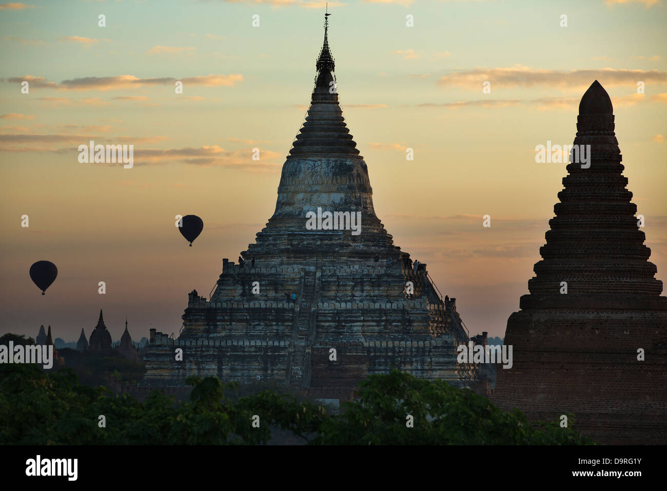 two baloons over the Temples of Bagan, Myanmar (Burma) Stock Photo