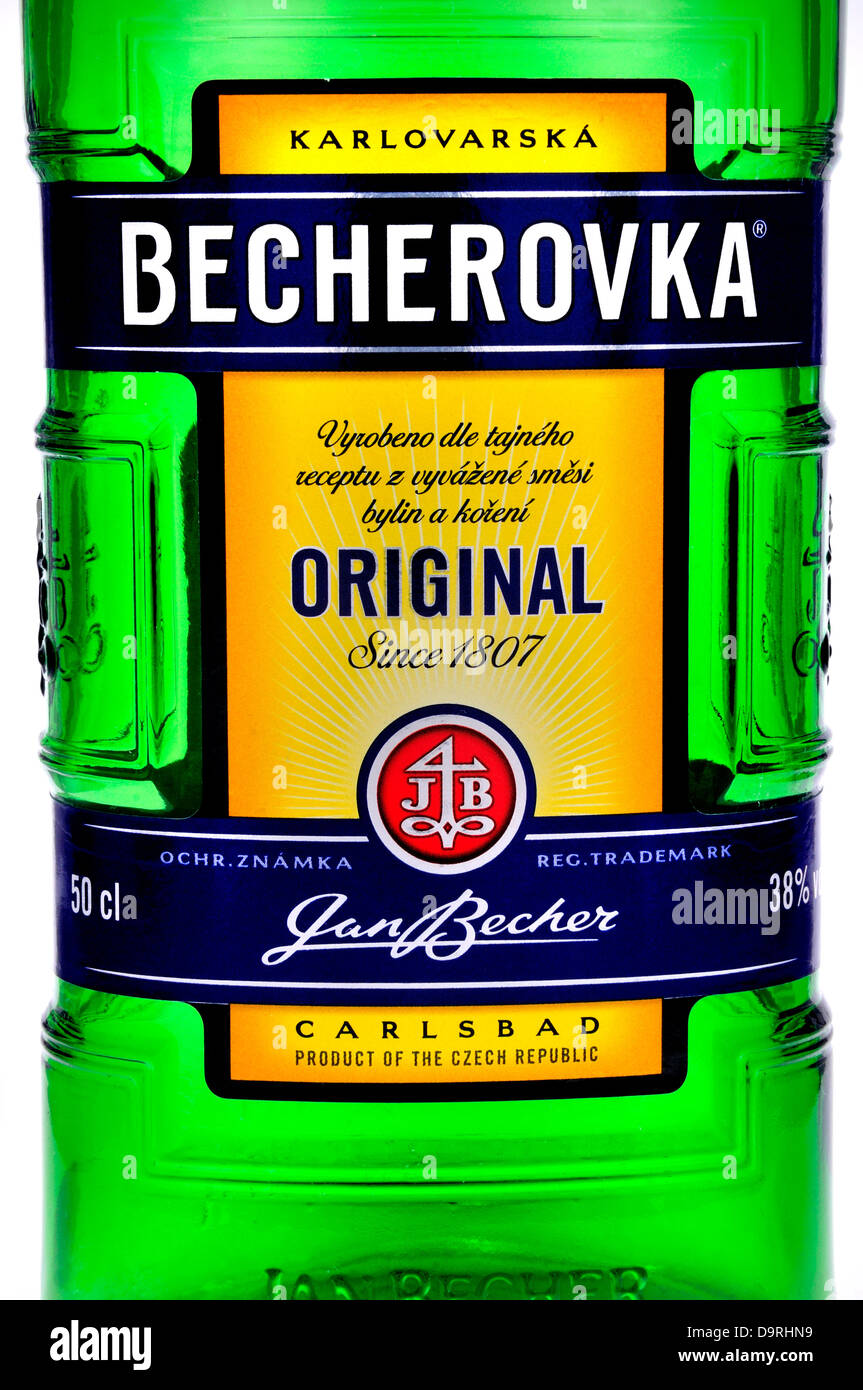 Becherovka (formerly Karlsbader Becherbitter) bottle - Czech spirit / herbal bitters Stock Photo