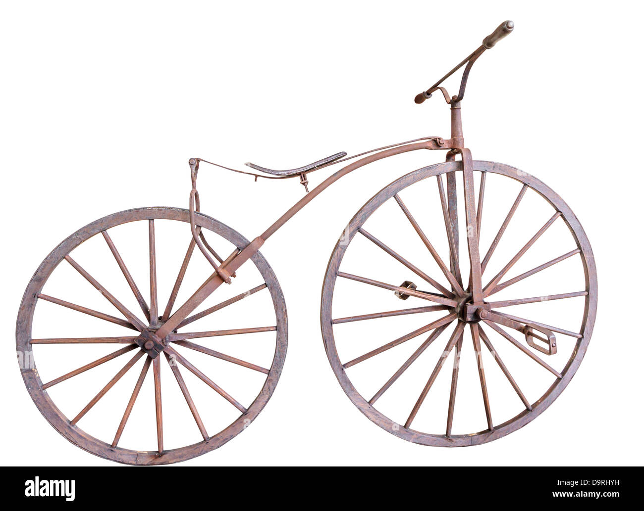 old bicycle with wooden wheels isolate Stock Photo