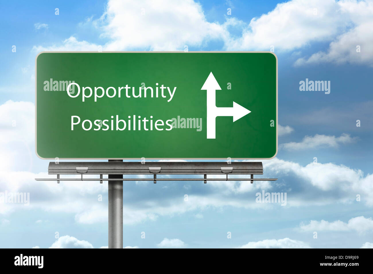Opportunity and possibilities written over a signpost Stock Photo