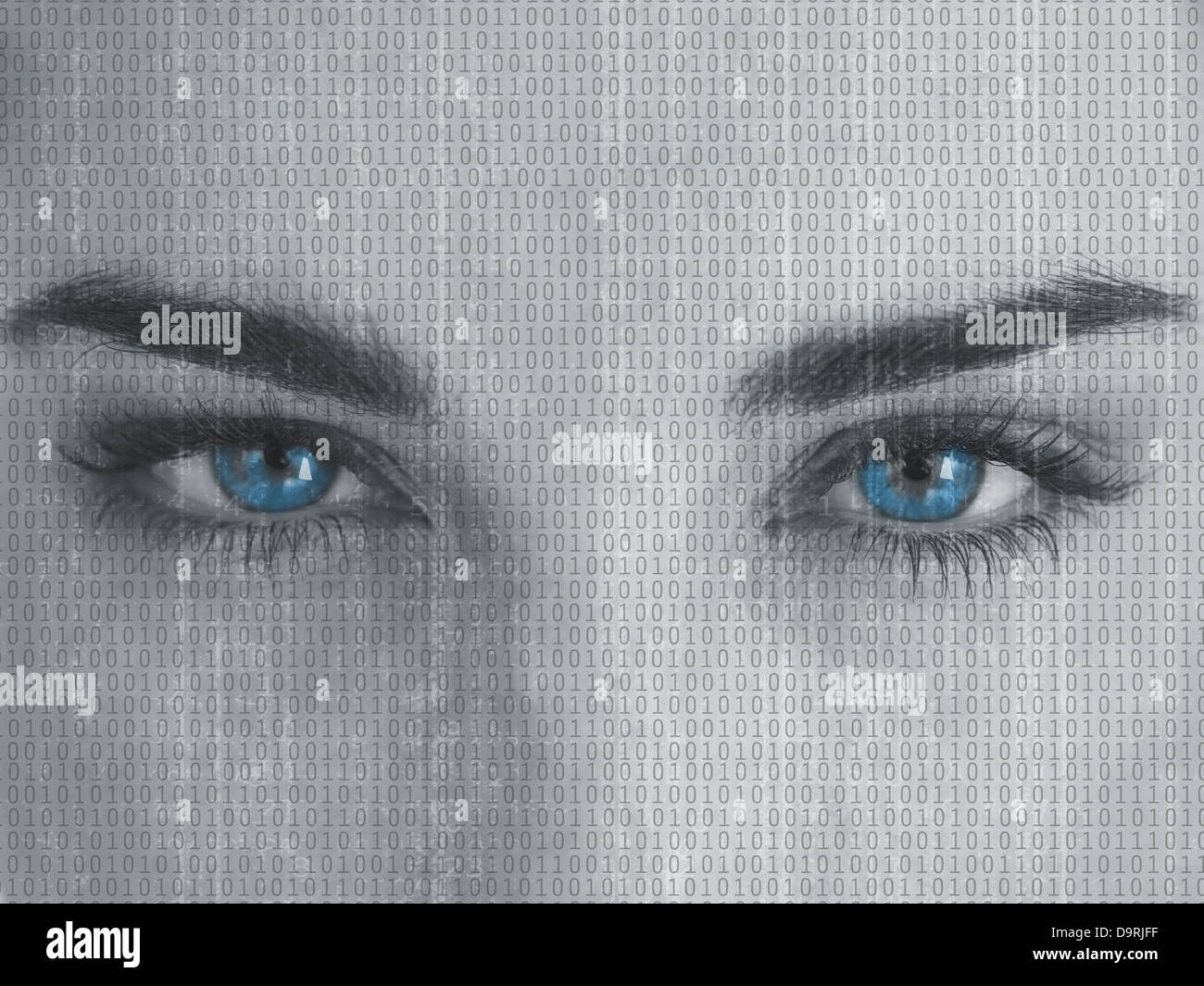 Attractive blue eyed woman with binary code on face Stock Photo - Alamy