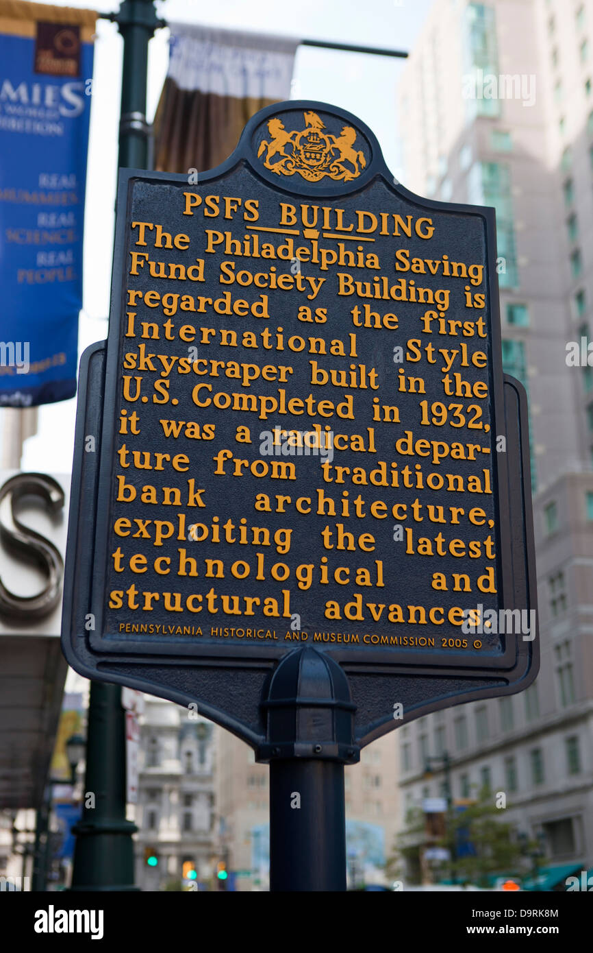 PSFS BUILDING The Philadelphia Saving Fund Society Building is regarded as the first International Style skyscraper built in the U.S. Completed in 1932, it was a radical departure from traditional bank architecture, exploiting the latest technological and structural advances. Pennsylvania Historical and Museum Commission, 2005 Stock Photo
