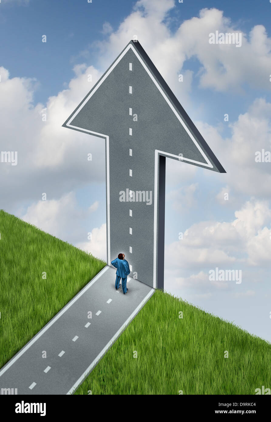 Opportunity and challenges as a concept of the sky is the limit with a road changing direction at a cliff going upward as an arrow of hope with a strategic thinking business man looking up, Stock Photo