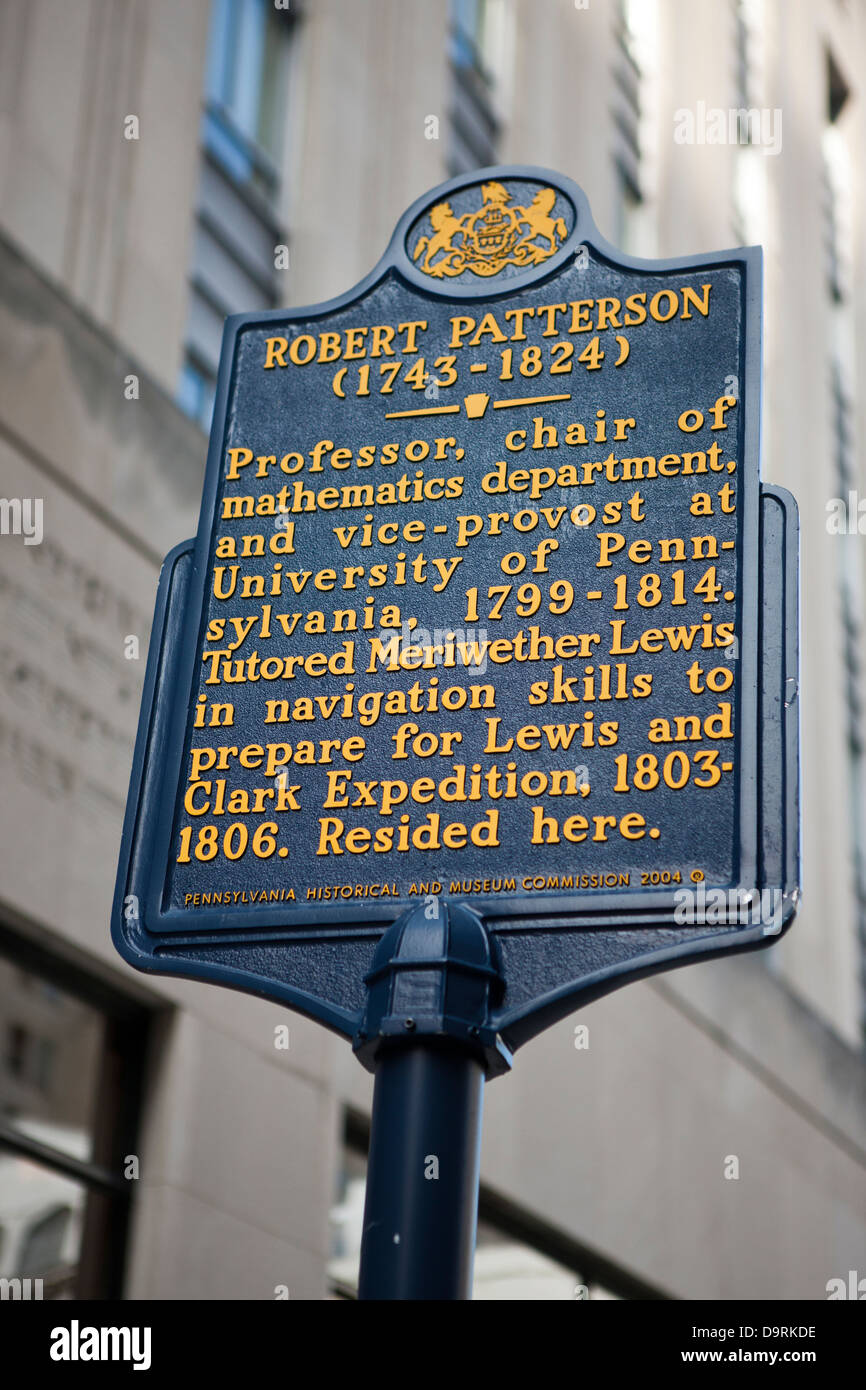 ROBERT PATTERSON (1743-1824) Professor, chair of mathematics dept. and vice-provost at University of Pennsylvania, 1799-1814. Tutored Meriwether Lewis in navigation skills to prepare for Lewis and Clark Expedition, 1803-1806. Resided here. Pennsylvania Historical and Museum Commission, 2004 Stock Photo