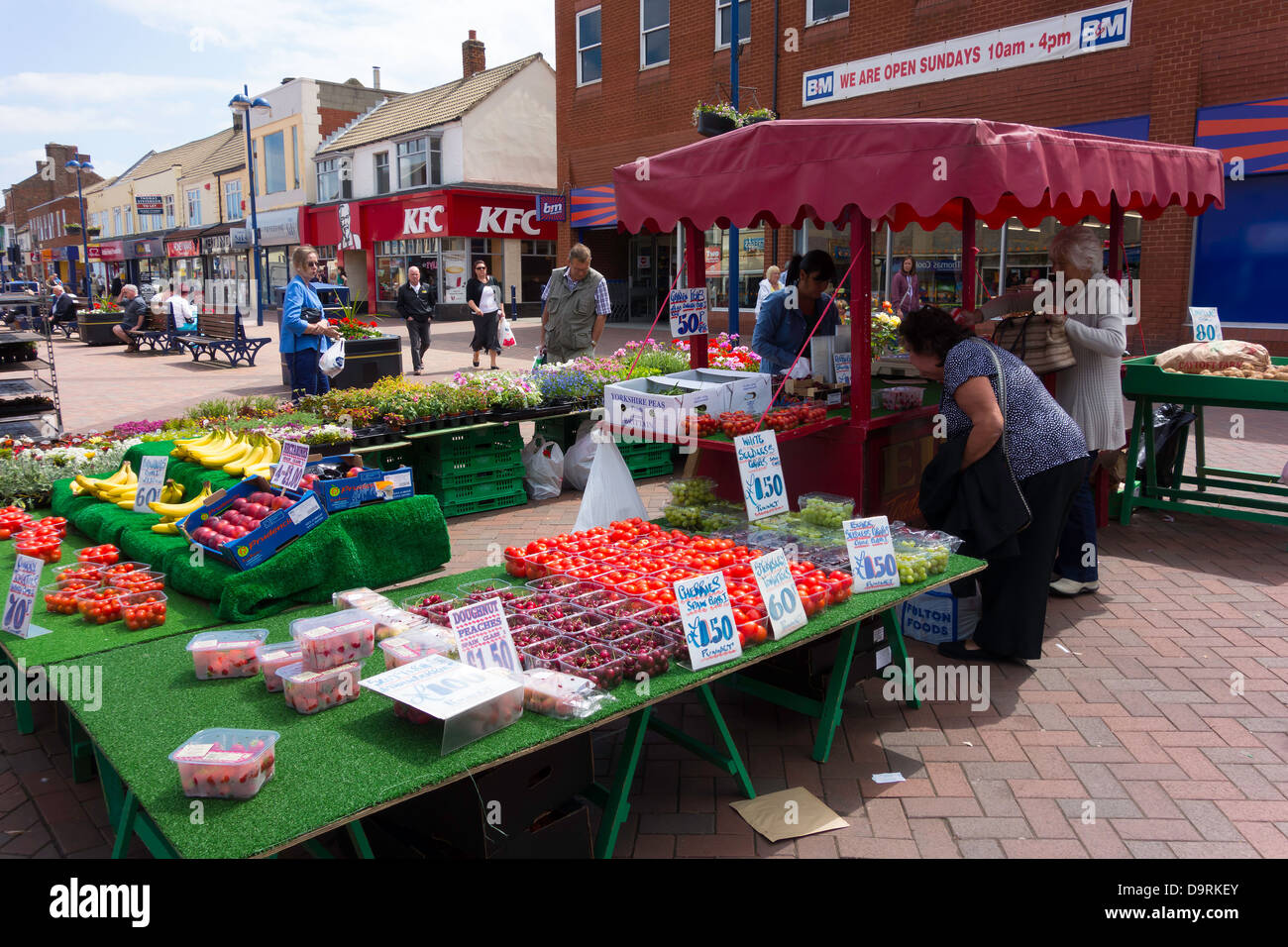 A fruit and vegetable stall on the High Street in summer Redcar Cleveland Stock Photo