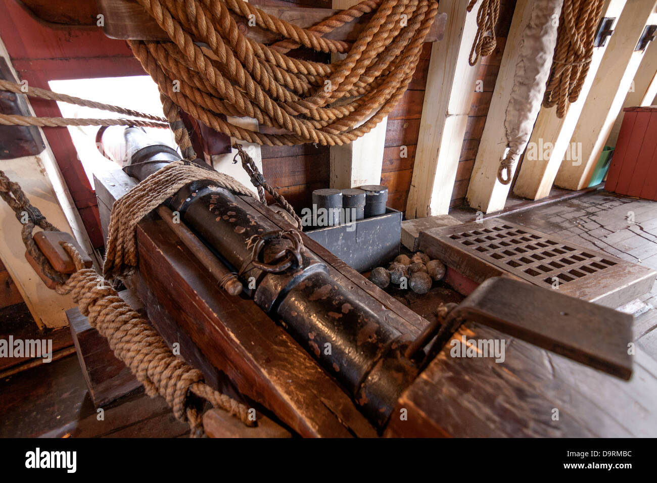 A cannon on a replica of the Santa Maria ship, sailed by Columbus, in