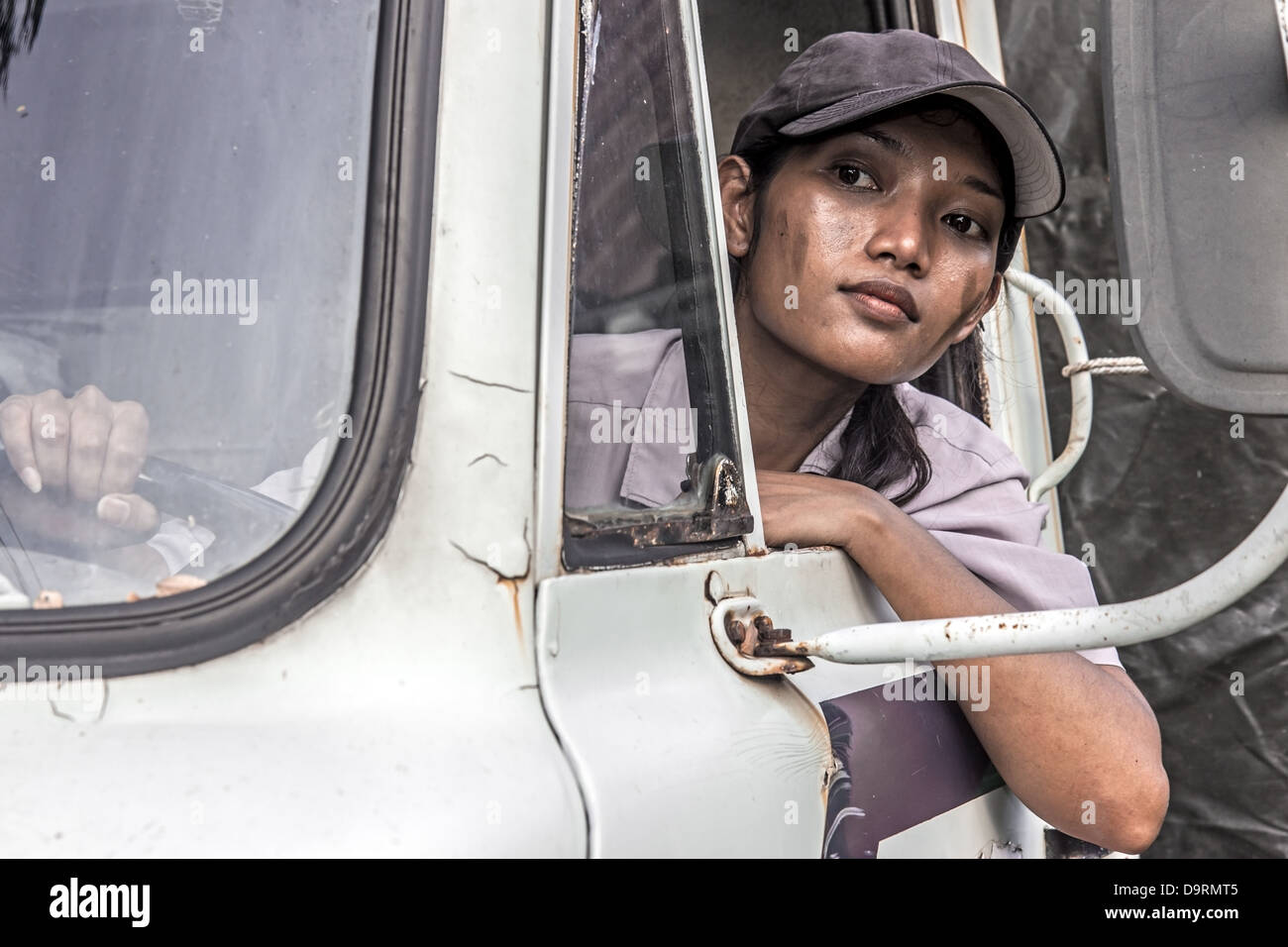 woman truck driver in the car Stock Photo