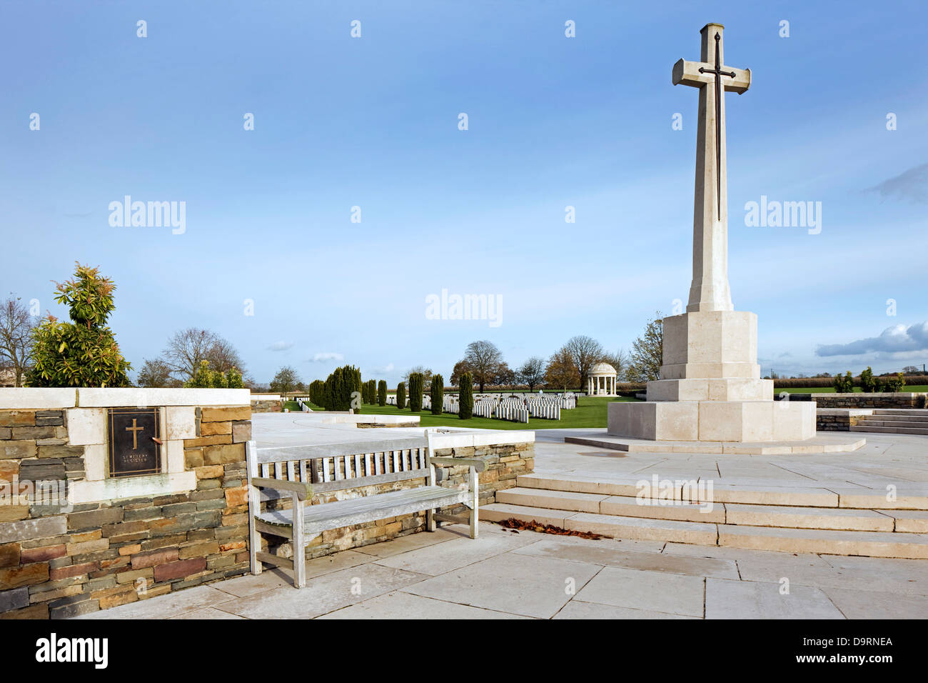 Cross of Sacrifice at WW1 Bedford House cemetery for First World War One British soldiers at Zillebeke, West Flanders, Belgium Stock Photo