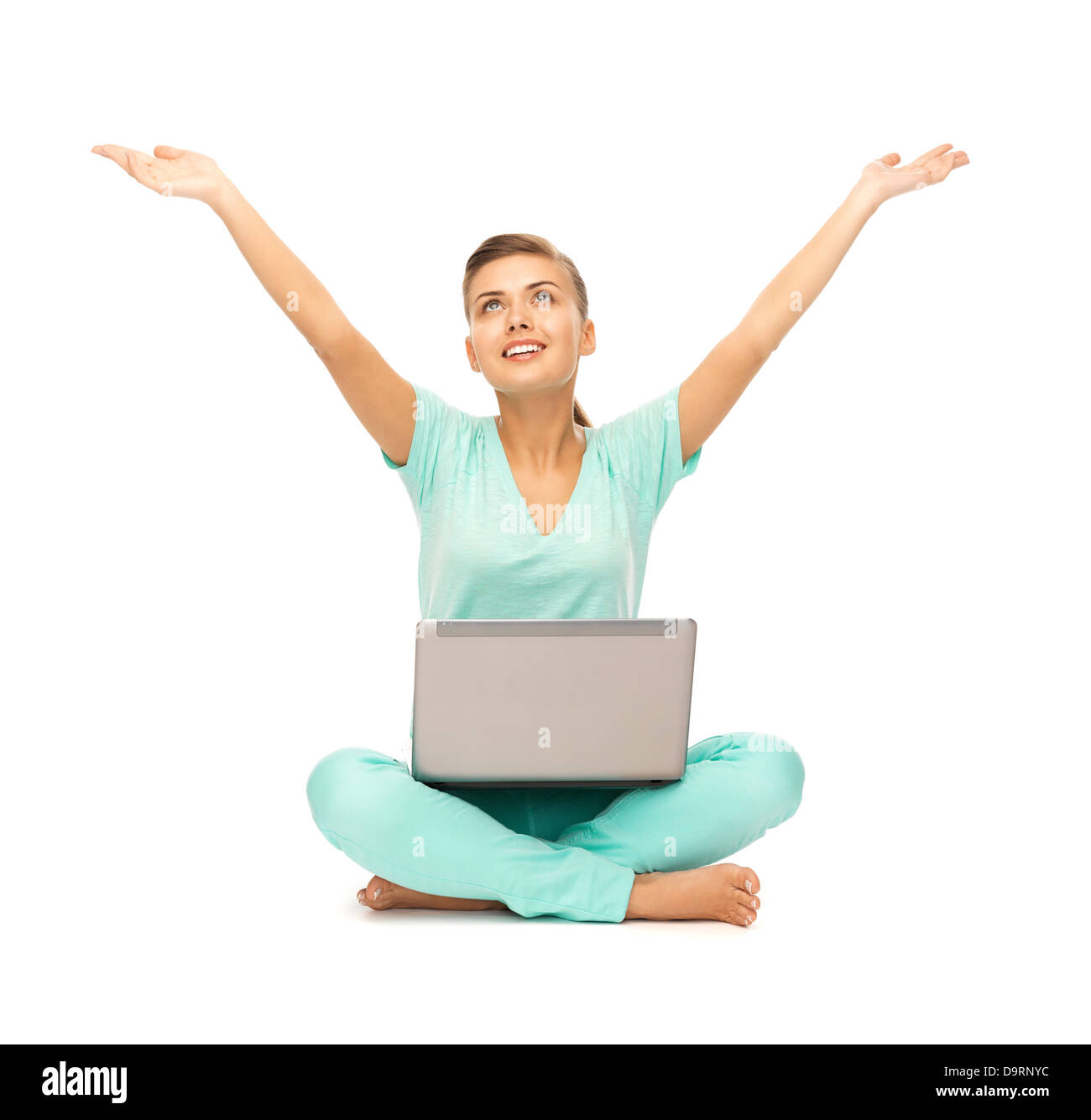 happy girl sitting on the floor with laptop Stock Photo - Alamy