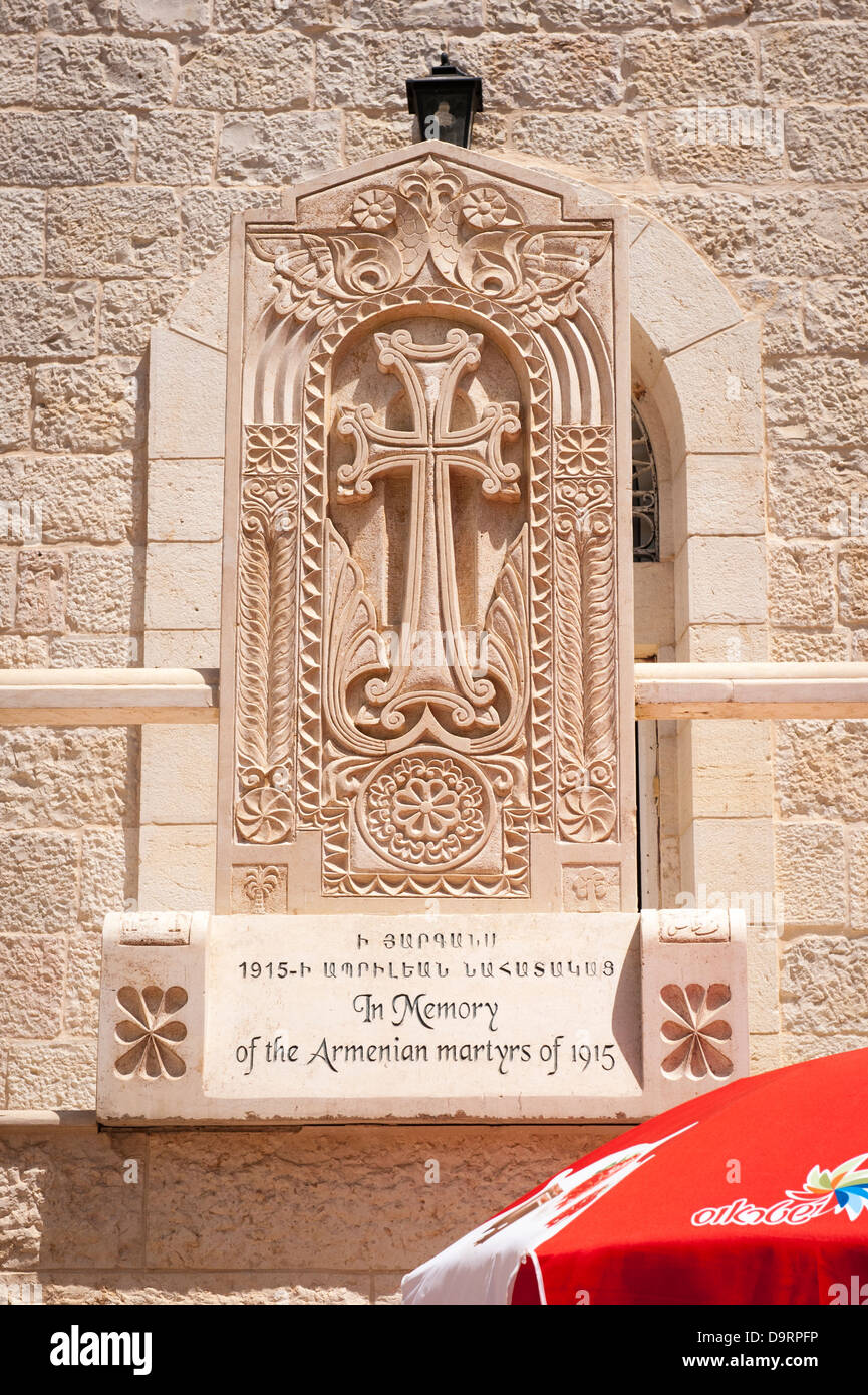 Israel Jerusalem Old City Muslim Arab Quarter Armenian Orthodox Church of Our Lady of the Spasm plaque In Memory of the Armenian Martyr Stock Photo
