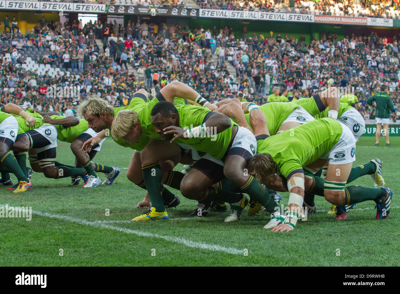 The Springbok pack practicing scrummaging during warm-ups before the rugby test against Scotland at Mbombela stadium Stock Photo