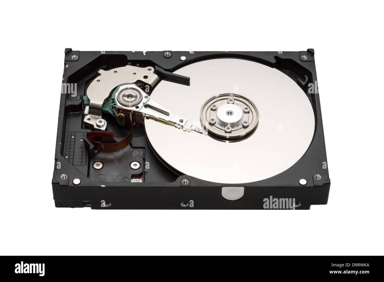 Computer hard disk drive, opened, isolated on white background Stock Photo