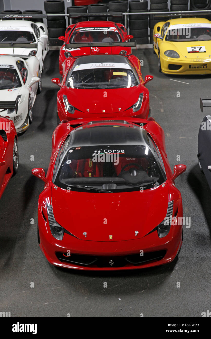 FERRARI 458 CHALLENGE CARS IN GARAGE FF CORSE SILVERSTONE ENGLAND 16 May 2013 Stock Photo