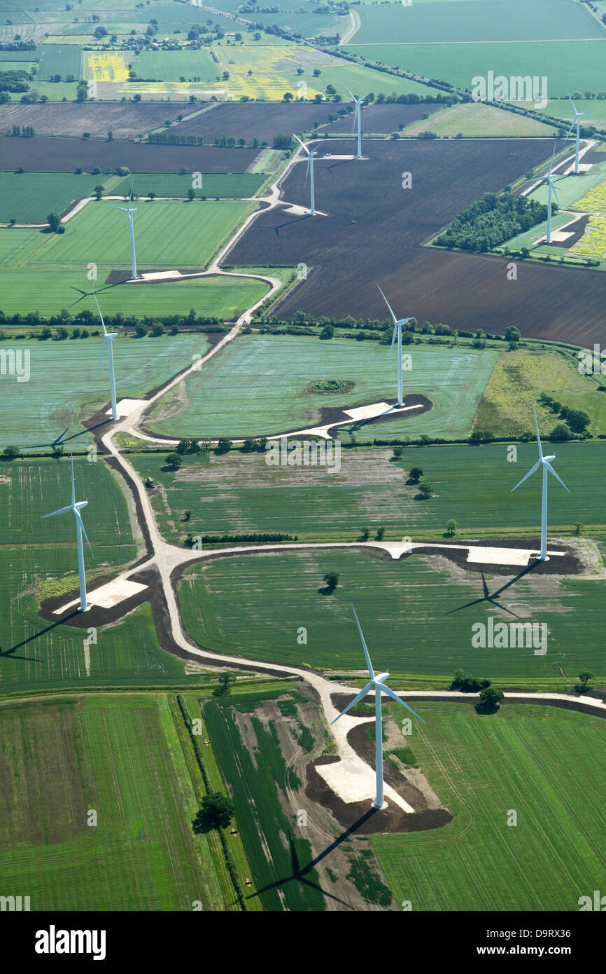 aerial view of some newly-built wind turbines in Yorkshire, UK Stock Photo