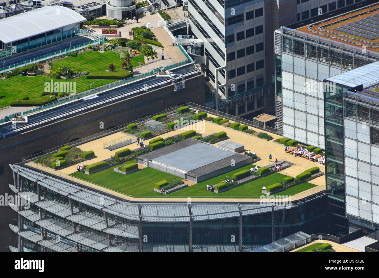 Gardens on top of office block above Cannon Street train station and on roofs of adjacent buildings Stock Photo