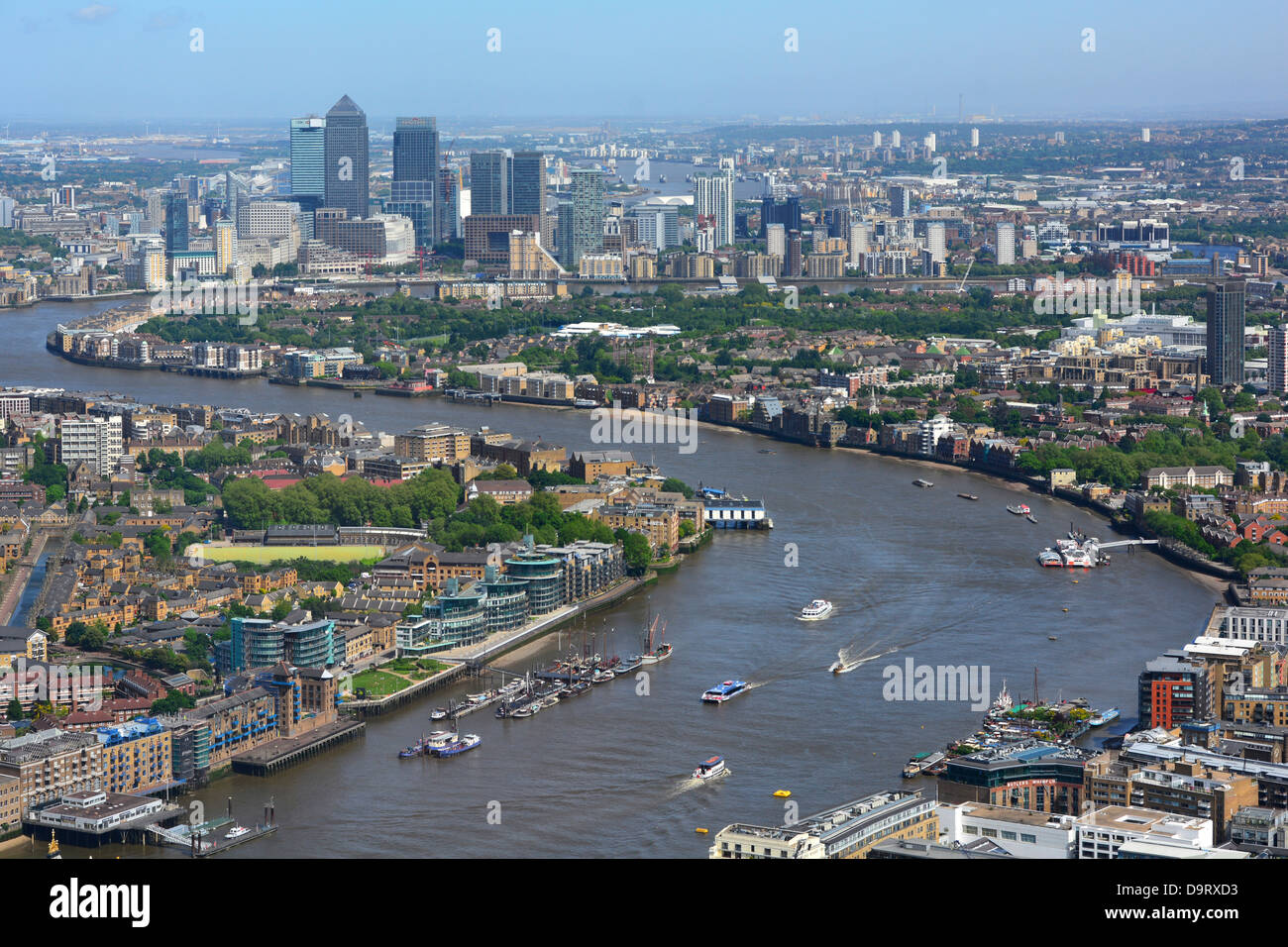 Aerial view of the River Thames from Butlers Wharf towards Canary Wharf ...