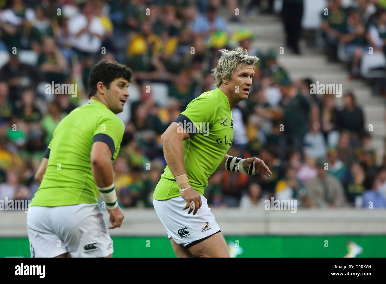 Jean de Villiers and Morne Steyn during warm-ups before the rugby test against Scotland at Mbombela Stock Photo