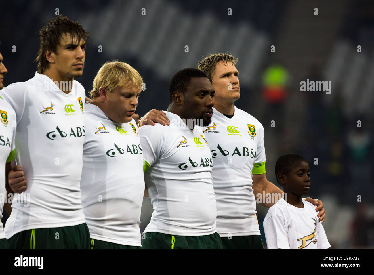 Rugby Springboks Eben Etzebeth, Adriaan Srauss, Tendai Mtawarira and Jean De Villiers during the national anthems at Mbombela Stock Photo