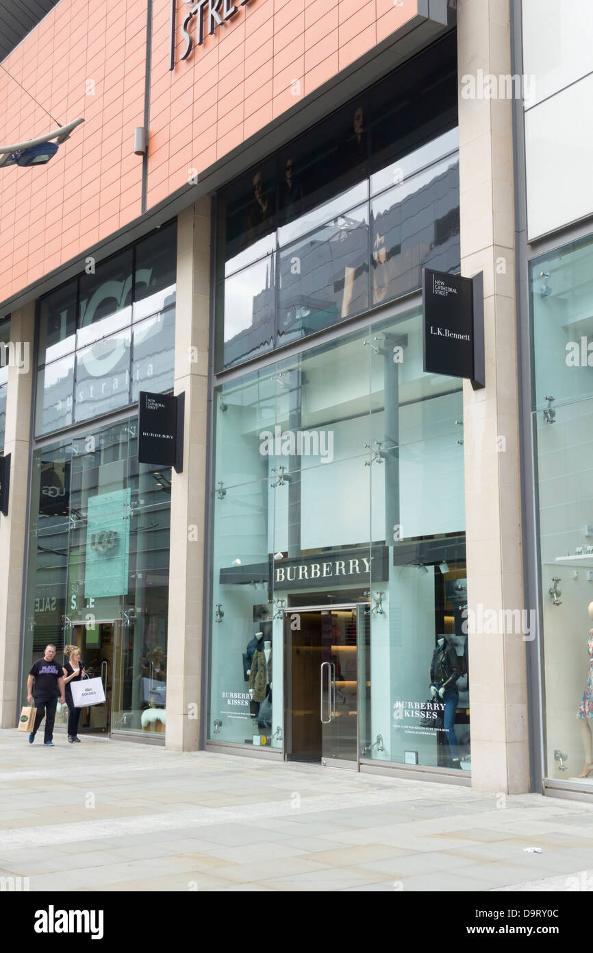 The Burberry store on New Cathedral Street in Manchester. Burberry is an iconic British luxury fashion brand. Stock Photo
