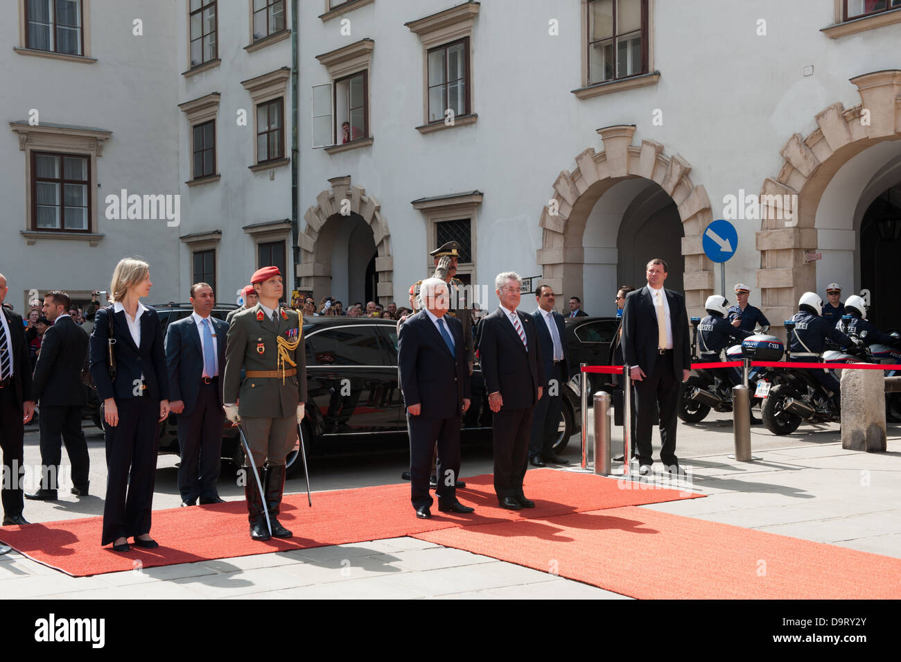 Mahmoud Abbas, President of the State of Palestine and the Austrian President Heinz Fischer greet the military guard. Stock Photo