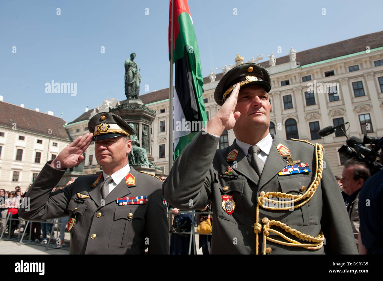 Austrian officers of Military Guard of Honor greeting the the Palestinian President Mahmoud Abbas during his visit to Austria. Stock Photo