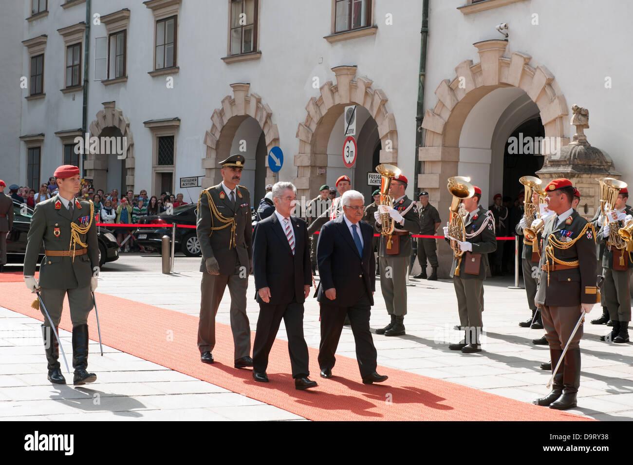 Mahmoud Abbas, (R) and Heinz Fischer (M) review a military guard of ...