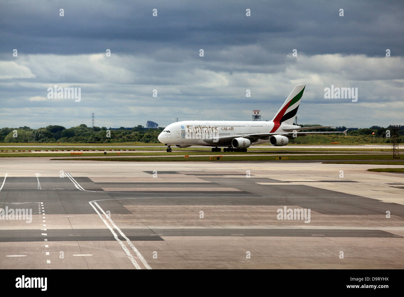 An Emirates Airline Airbus A380 Taxiing At Manchester Airport Stock ...