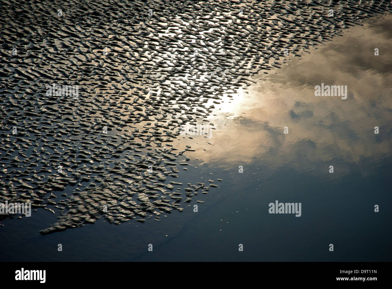 Setting sun reflected in the patterns on a muddy beach, Morecambe Bay, Cumbria, England UK Stock Photo