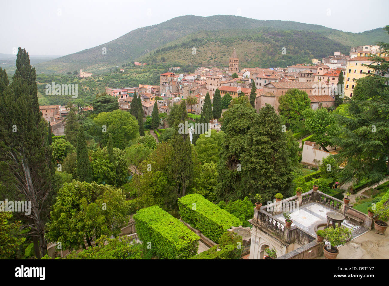 View over the gardens of Villa d'Este to the township of Tivoli Stock Photo
