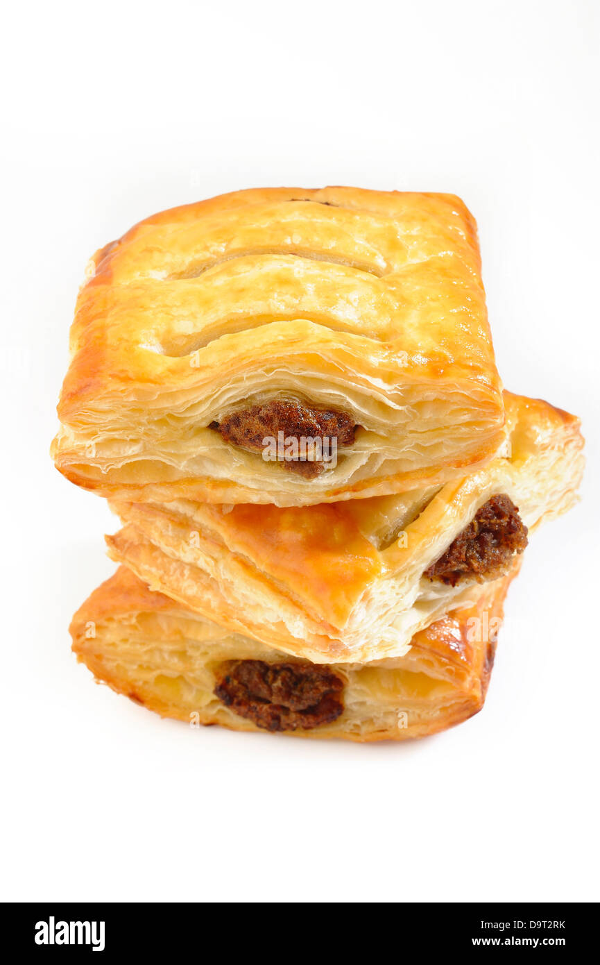 Puff pies with meat on white background Stock Photo