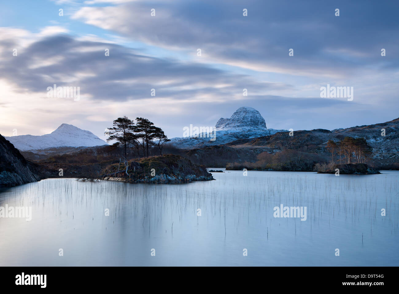 Loch Druim Suardalain with Mts Canisp & Suilven dusted in snow, Sutherland, Scotland, UK Stock Photo
