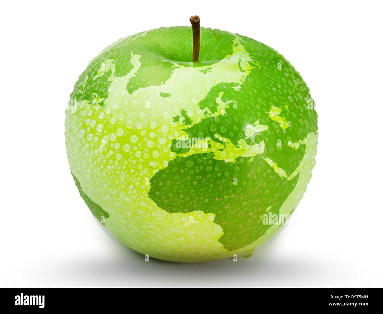Green apple representing earth with drops on it Stock Photo