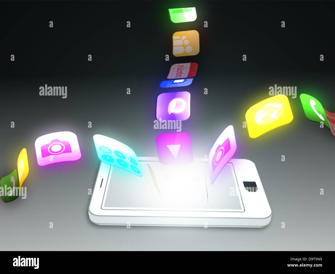 Smartphone with applications floating everywhere Stock Photo