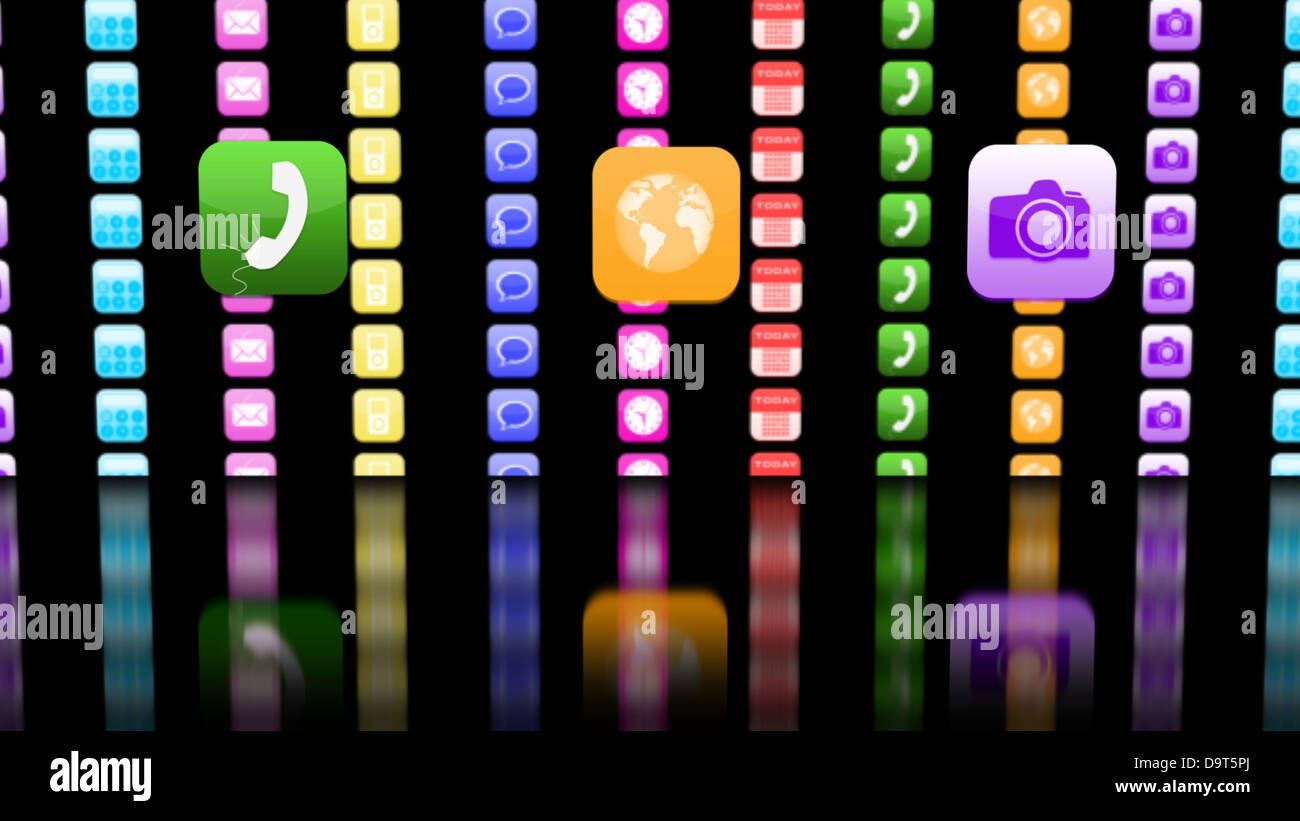 Three application logos standing next to group of other applications Stock Photo