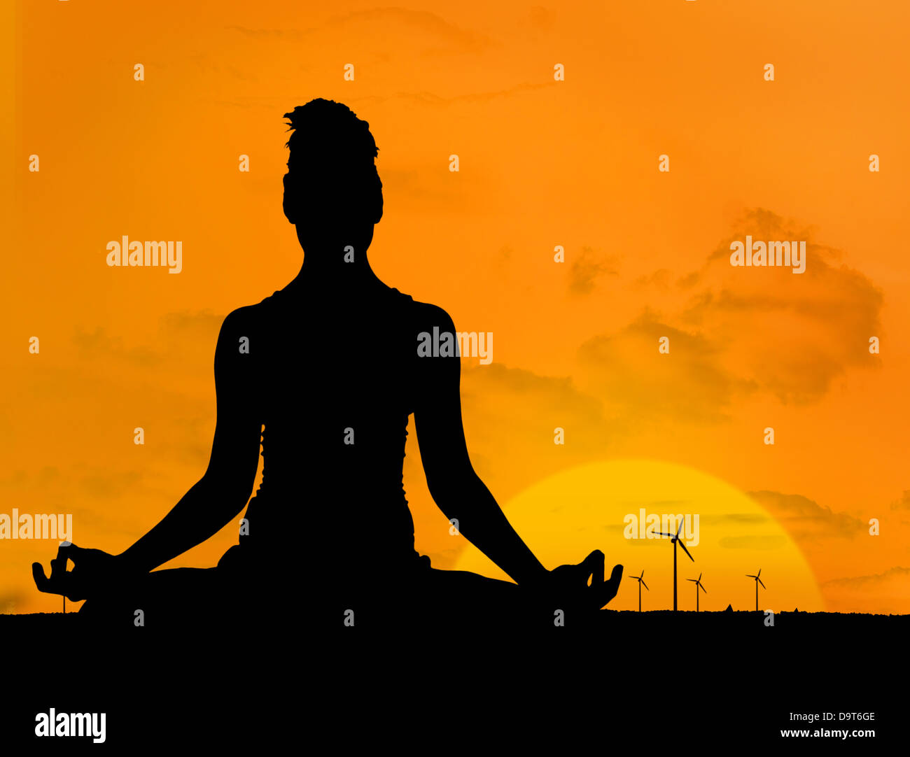 Silhouette of woman doing yoga in front of the sunset Stock Photo - Alamy