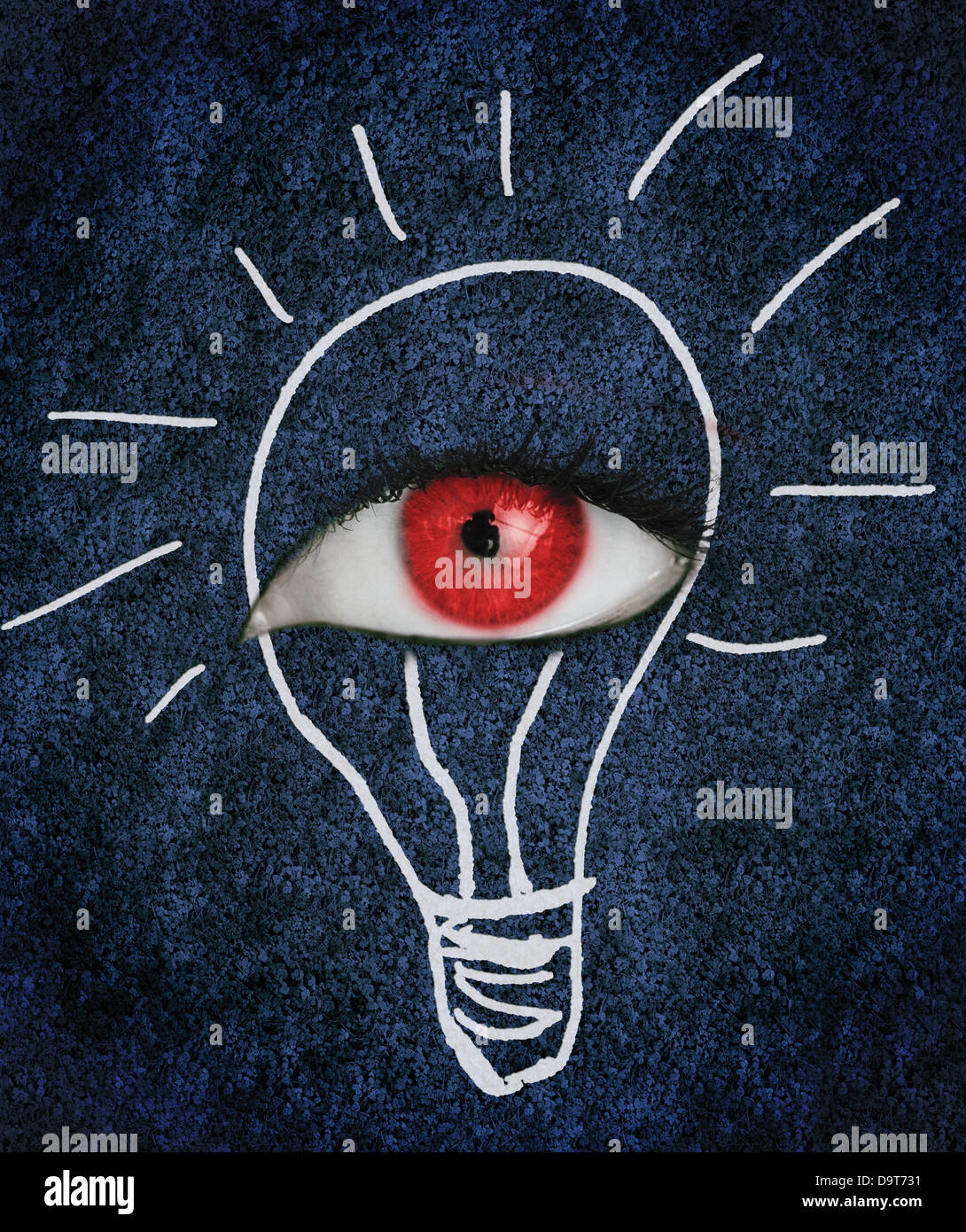 Red eye over blue texture surrounded by a drawing of a lightbulb Stock Photo