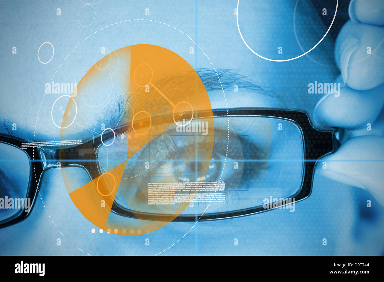 Woman wearing glasses with orange identification technology Stock Photo