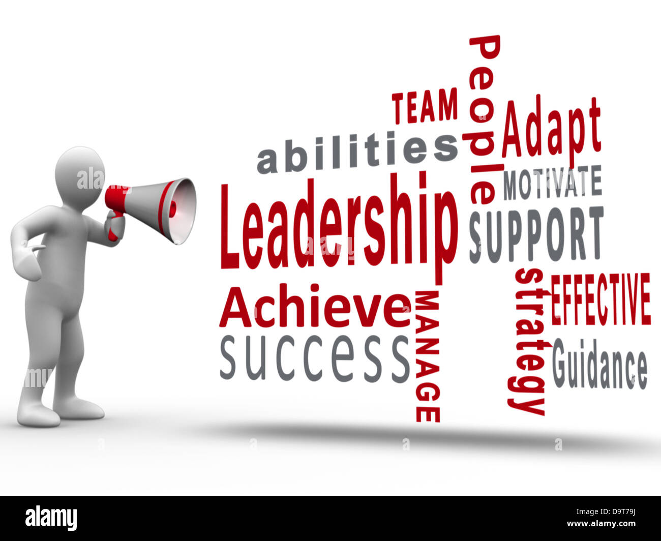 White figure revealing leadership terms with a megaphone Stock Photo