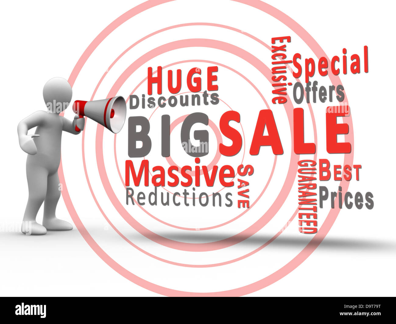 White figure revealing special offers vocabulary with a megaphone Stock Photo