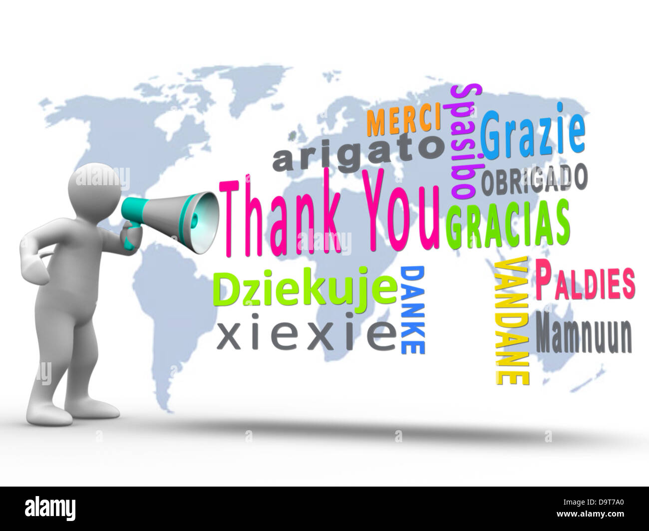 White figure revealing thank you in different languages with a megaphone Stock Photo