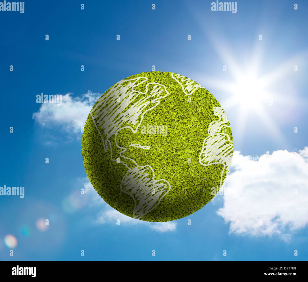 Green globe with map surface draw on floating in the sky Stock Photo