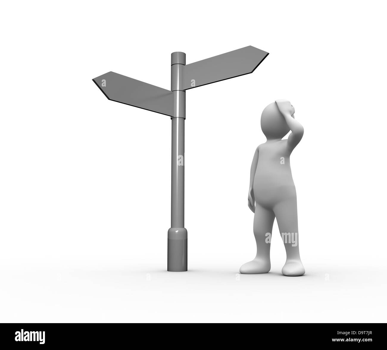 Lost white human representation looking at blank signpost Stock Photo