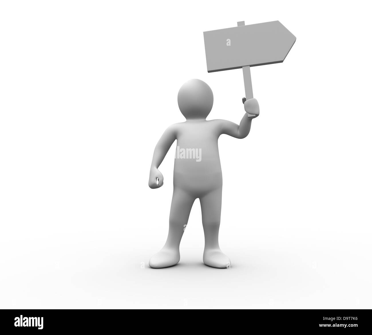 Human figure holding blank signpost Stock Photo