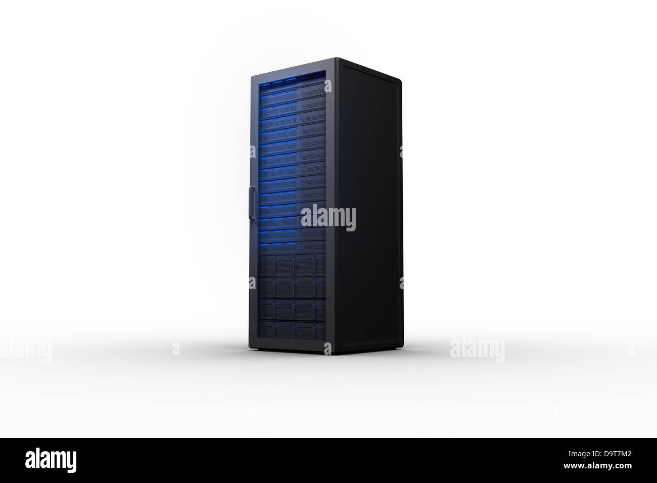Rack of servers with blue lights Stock Photo