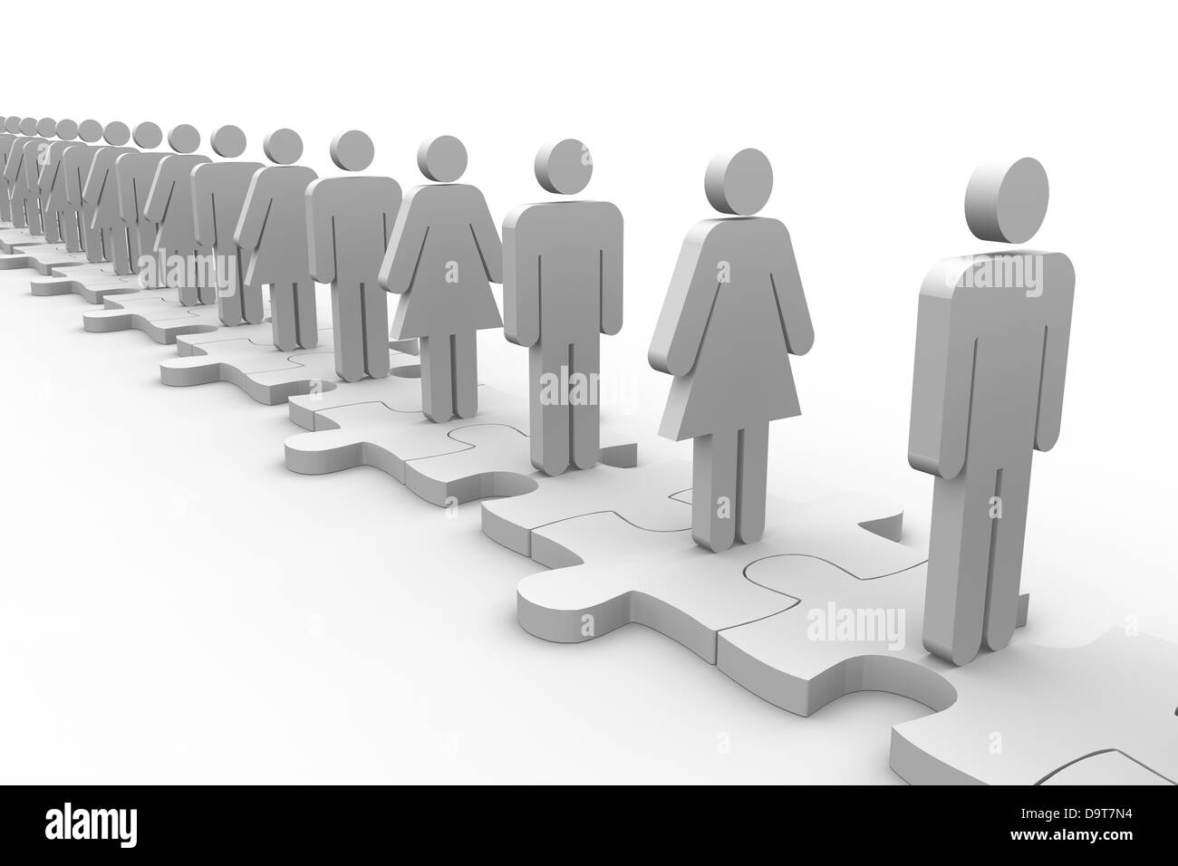 Line of white human forms standing over meshed jigsaw pieces Stock Photo