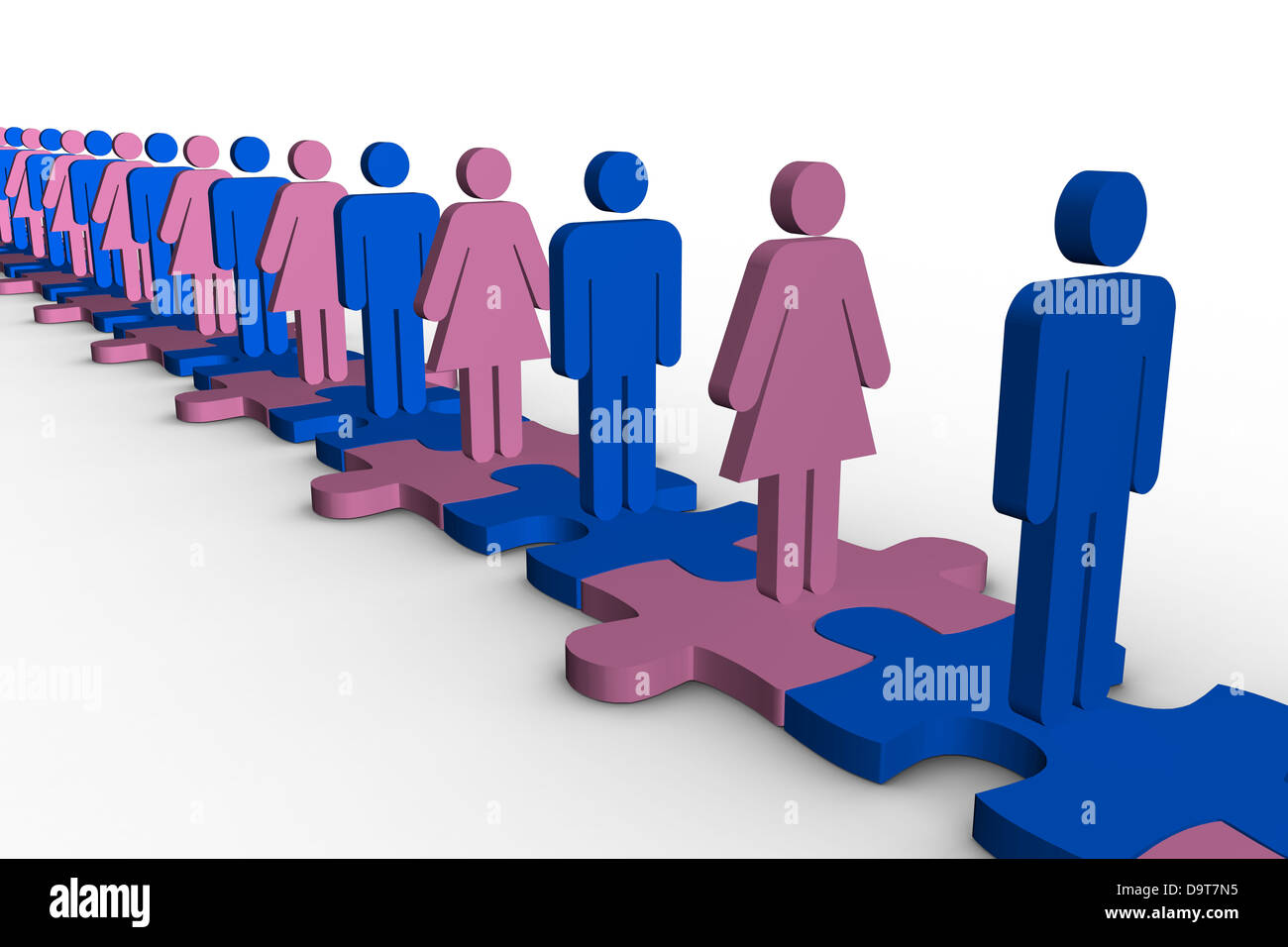 Line of blue and pink human forms standing over meshed jigsaw pieces Stock Photo